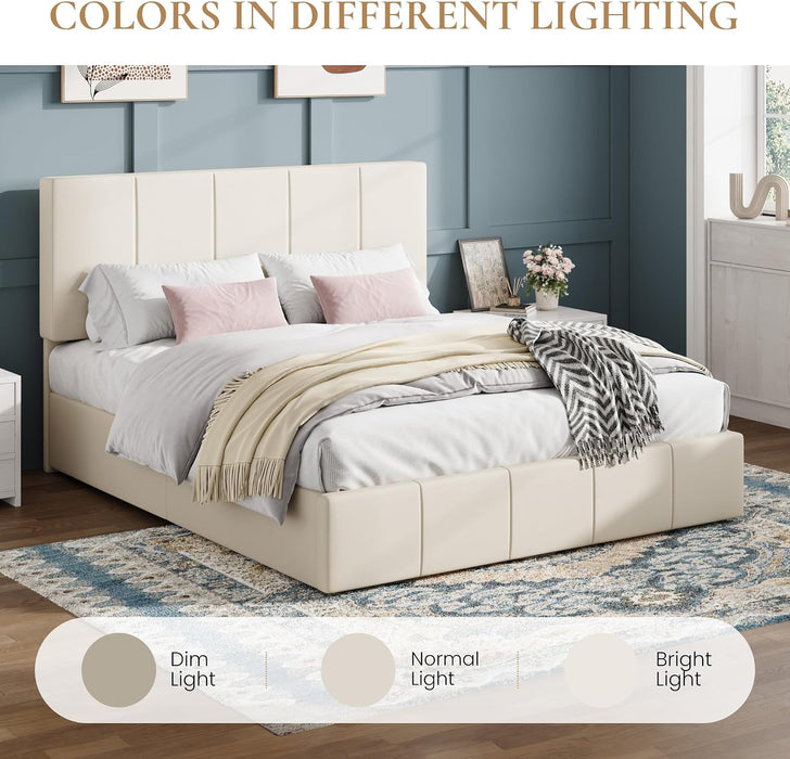 Queen Size Bed Frame, Velvet Upholstered Platform Bed, Cream