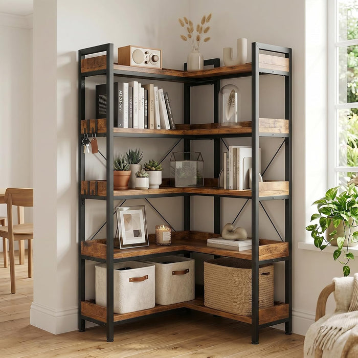 5-Tier Corner Bookshelf, L-Shaped Metal Frame Shelf with Tall 14" Shelves, Plant Stand and Storage Rack for Small Spaces, Living Room and Home Office, Brown