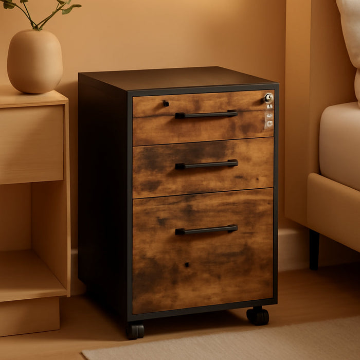 File Cabinet, Pre-Assembled except Wheels and Handles, Office Filing Cabinet with Lock, for A4, Legal, Letter Sized Documents, 17.7 X 14.4 X 23.6 Inches, Rustic Brown and Black UOFC110B01V1