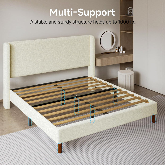 Queen Bed Frame, Boucle Upholstered Platform Bed with Iron & Wood, Beige