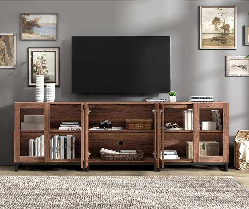 Modern TV Stand with Glass Doors for 110 Inch Tvs, Farmhouse Entertainment Center TV Console with Adjustable Shelves for Living Room, Bedroom, Brown