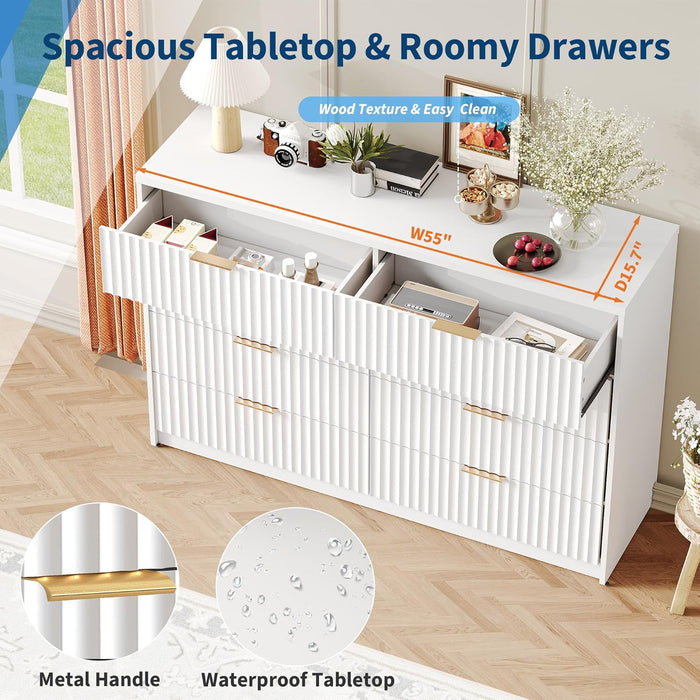 Modern Fluted 8-Drawer Dresser, Large Capacity Chest of Drawers, with Metal Handles & Anti-Tip, Wooden Storage Organizer for Bedroom, Living Room, Hallway, White