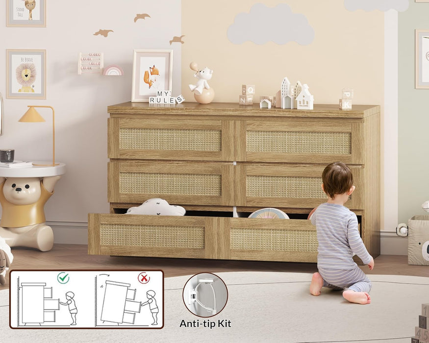 Rattan 6-Drawer Dresser for Bedroom - Slim Wooden Chest of Drawers, Durable Freestanding Storage Organizer Cabinet for Living Room and Entryway, Oak