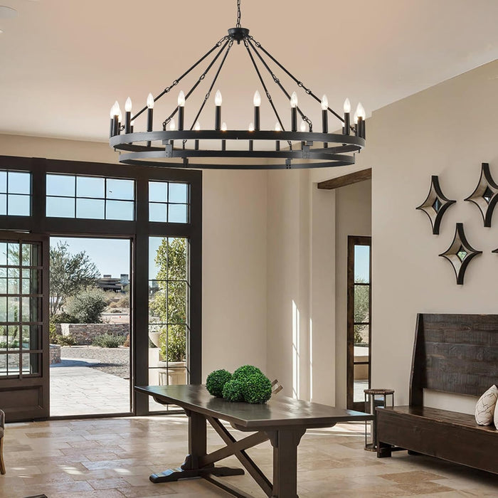 53Inch Black Wagon Wheel Chandelier Farmhouse Industrial