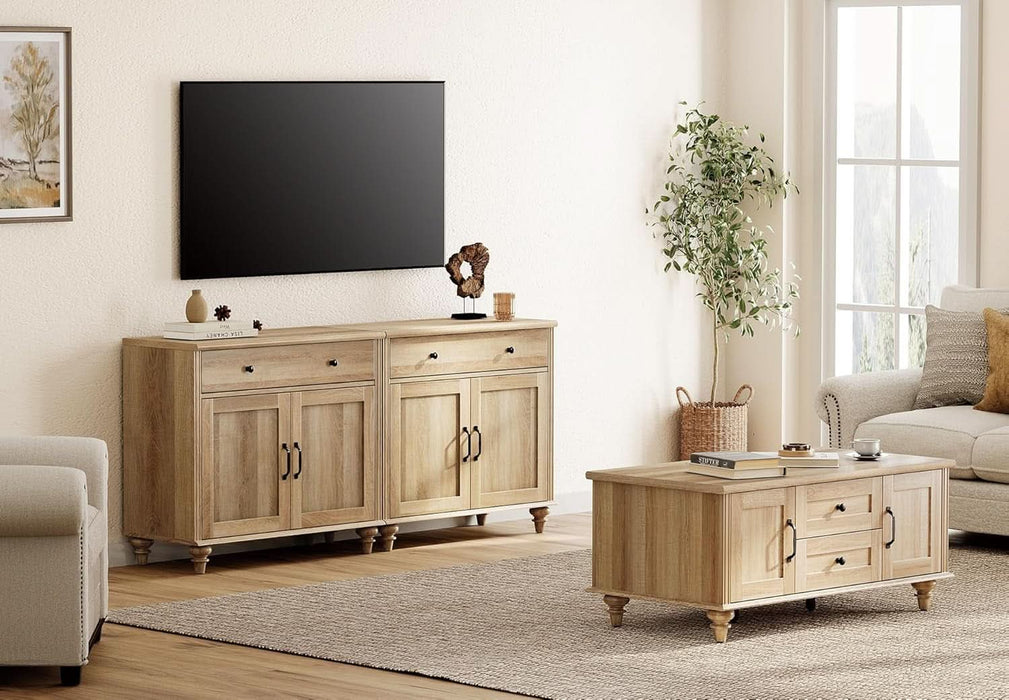 Farmhouse TV Stand for 75 Inch TV with 4 Doors and 2 Drawers, Wood Universal TV Stand with Storage Cabinets, Oak Entertainment Center TV Console Table for Living Room, Bedroom
