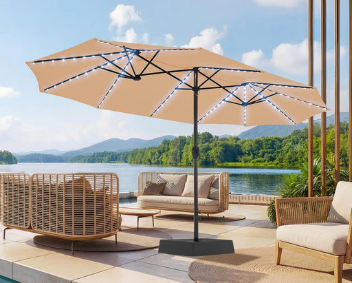 15Ft Large Patio Umbrella with Base Included, Double Sided Outdoor Umbrella with Solar Lights, Pool Umbrella with Fade Resistant Canopy for Deck, Porch, Yard, Balcony, Beige