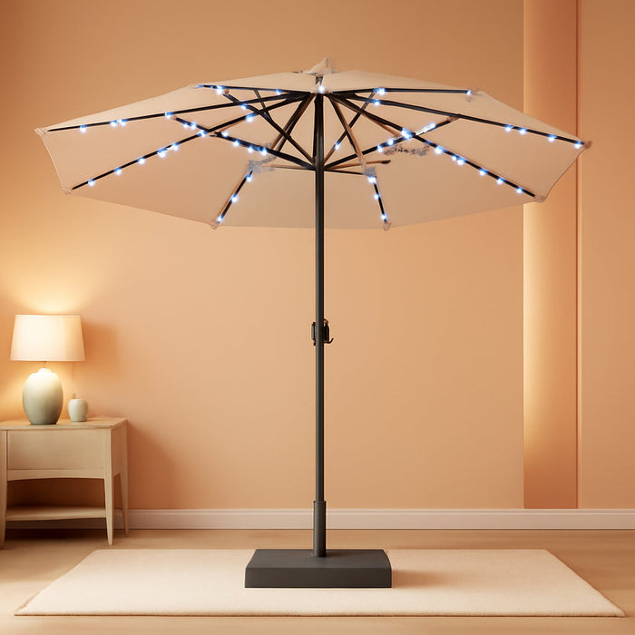 15Ft Large Patio Umbrella with Base Included, Double Sided Outdoor Umbrella with Solar Lights, Pool Umbrella with Fade Resistant Canopy for Deck, Porch, Yard, Balcony, Beige