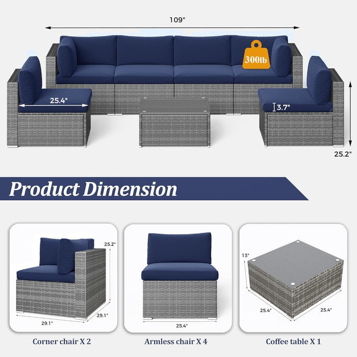 7 Piece Patio Furniture Sets All Weather Grey PE Wicker Couch Sofa with Glass Table, Removable Navy Blue Cushions