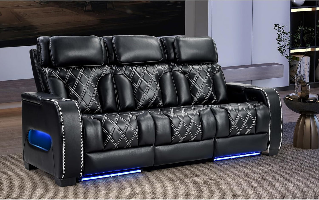 Home Theater Seating, Power Reclining Sofa with Adjustable Headrests, PU Leather 3 Seat Recliner Sofa Couch Set with Ambient Lighting, Cup Holders, USB & Type C Ports, Armrest Storage, Black
