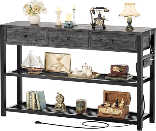 47'' Entryway Table with Outlets and USB Ports, Console Table with 3 Drawers, Sofa Table Narrow Long with Storage Shelves for Living Room, Couch, Hallway, Foyer, Kitchen Counter, Grey