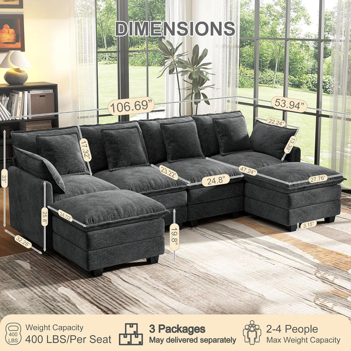 107Inch Cloud UShaped Sofa Grey Removable PillowCovers