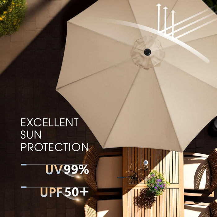 9FT Patio Umbrella with Base, Outdoor Umbrellas with Base Included, 8 Sturdy Ribs, Waterproof Fade Resistant POLYESTER DTY Canopy for Deck, Lawn, Garden, Backyard & Pool, Beige