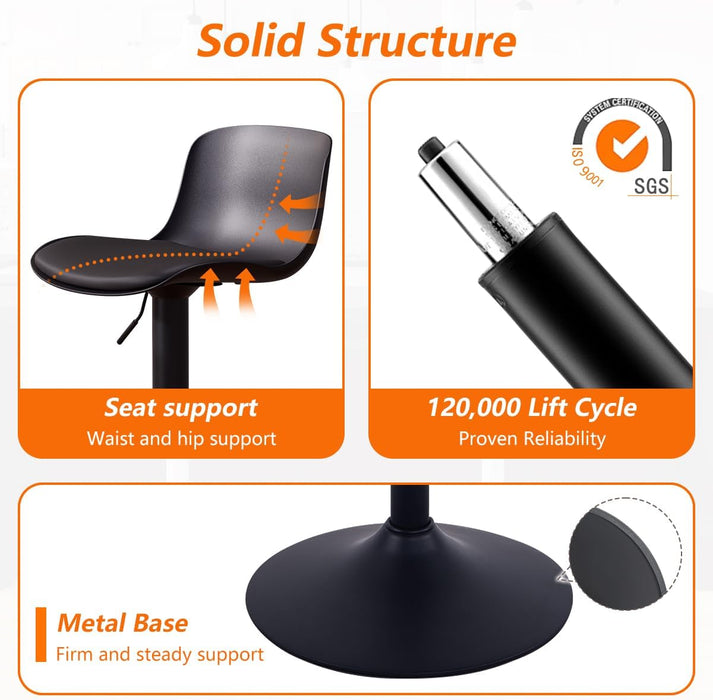 Black Bar Stools Set of 2 Adjustable Counter Height Barstools Modern PU Leather Swivel Tall Bar Chairs Upholstered Bar Stool with Back for Kitchen Island