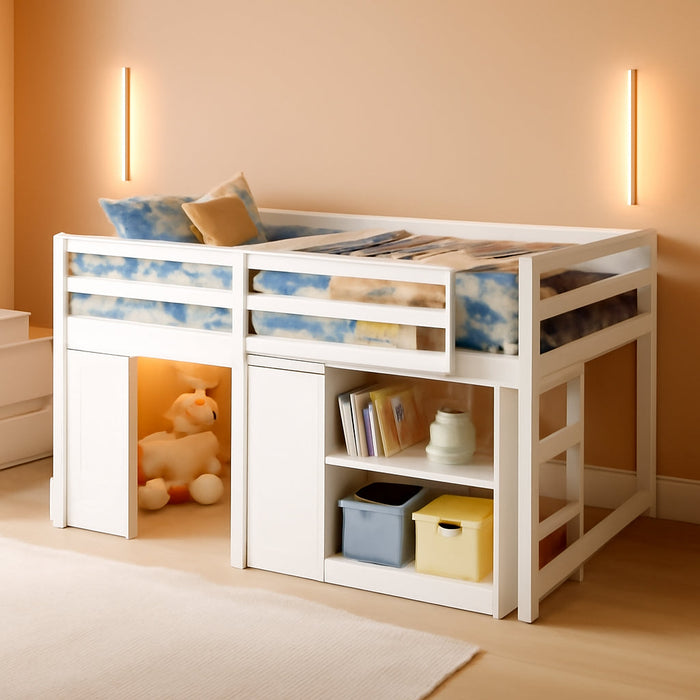 Loft Bed Twin Size with LED Lights, Wooden Low Bed Frames for Kids W/2 Doors, Under-Bed Play Space & Storage Bookcase, Modern Bedframe with Ladder & Safety Guardrail for Boys Girls (White)