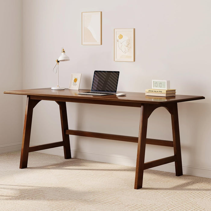 Solid Wood Writing Table - 60" W Minimalist PC Computer Desk, Walnut