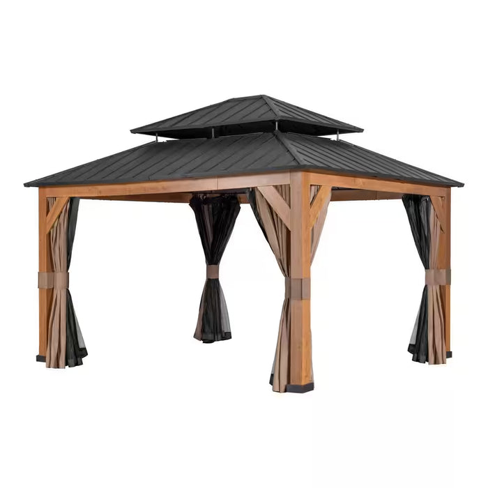 15 Ft. X 13 Ft. Wood Grain Aluminum Double Galvanized Steel Roof Gazebo with Ceiling Hook, Mosquito Netting and Curtains