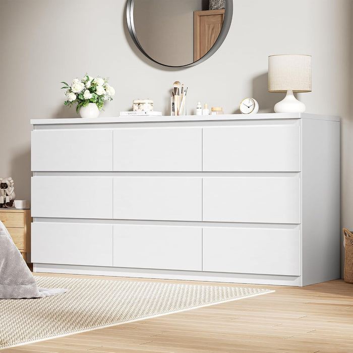 Modern 9 Drawer Dresser for Bedroom, Simply Chest of Drawers, Wood Storage Dresser with Deep Drawers for Living Room Hallway Entryway (White)