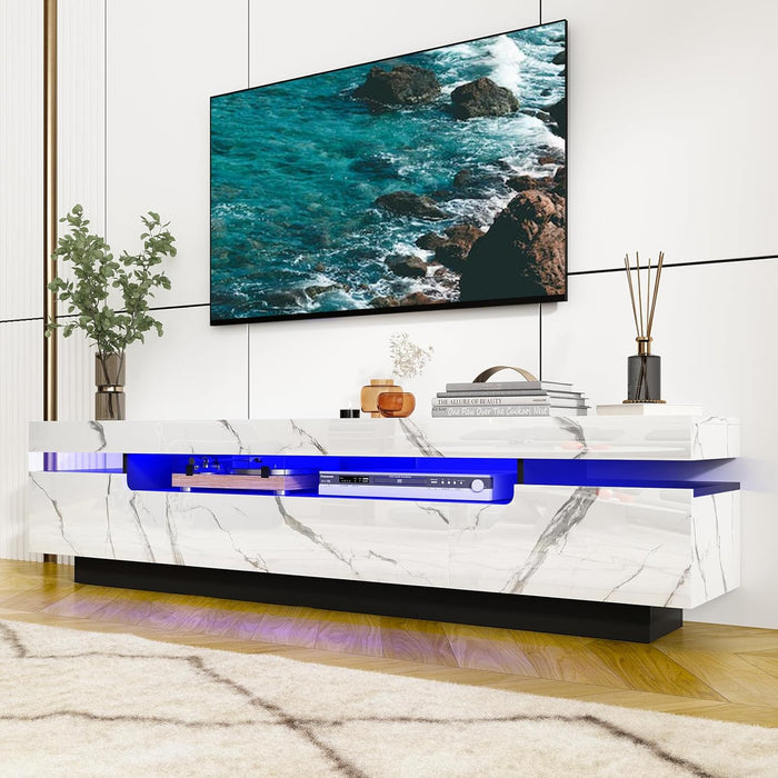 70IN White TV Stand for 75/80 Inch Tv,Modern LED TV Stand for Living Room,High Gloss Entertainment Center with Storage Drawer,App RGB Light,Tv Console,Television Stands(Marbling)