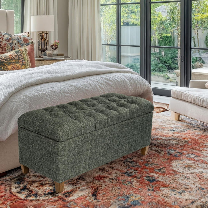 Home Decor Tufted Ainsley Button Storage Ottoman Bench with Hinged Lid Ottoman Bench with Storage for Living Room & Bedroom, Green Clover Fabric