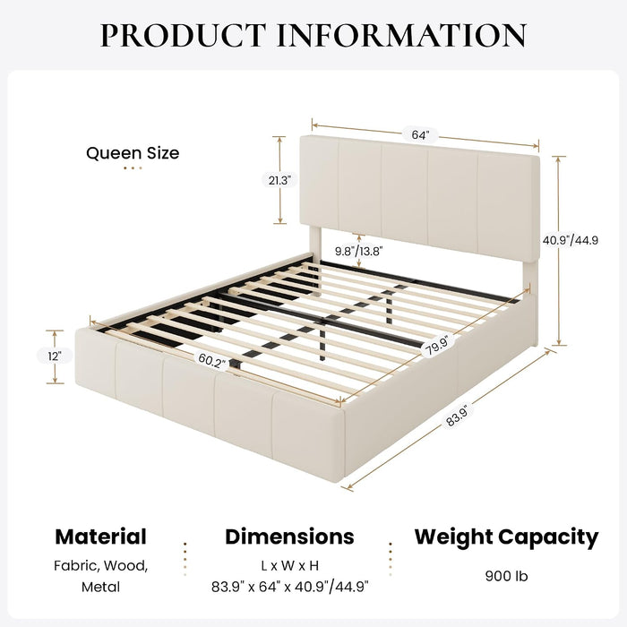 Queen Size Bed Frame, Velvet Upholstered Platform Bed, Cream