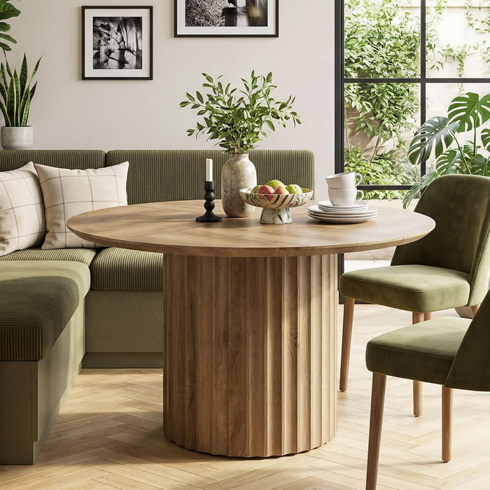 47-Inch round Dining Table for 4-6, Modern Kitchen Table with Fluted Pedestal Base, Farmhouse Wood Dinner Furniture for Dining Room, Kitchen & Living Room, Brown