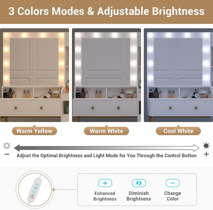 Makeup Vanity with Lights in 3 Colors, Vanity Desk with Mirror and Lights, White Makeup Table with Charging Station, Makeup Desk with Unique Separation Design