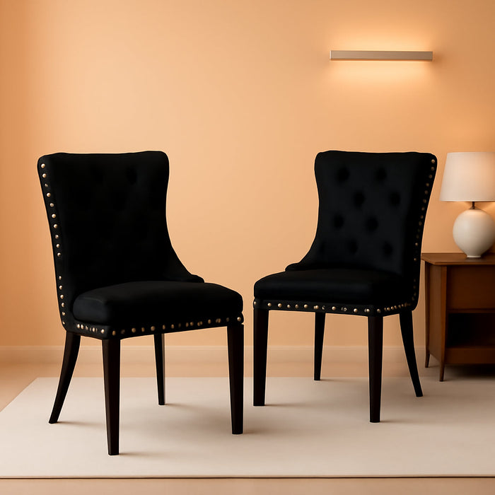 Velvet Dining Chair Set of 2 Upholstered Tufted Dining Room Chair with Nailhead Trim and Solid Wood Legs for Kitchen, Restaurant,Black