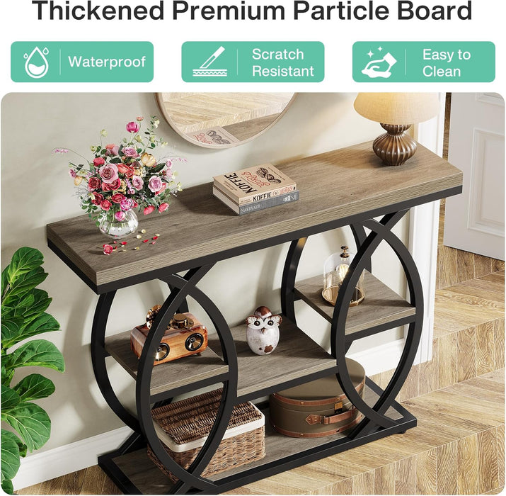 39.4" Console Table, Industrial 4-Tier Sofa Table Entryway Table with Storage Shelves, Narrow Wood Accent Tables with Metal Frame for Small Spaces, Hallway, Foyer, Grey