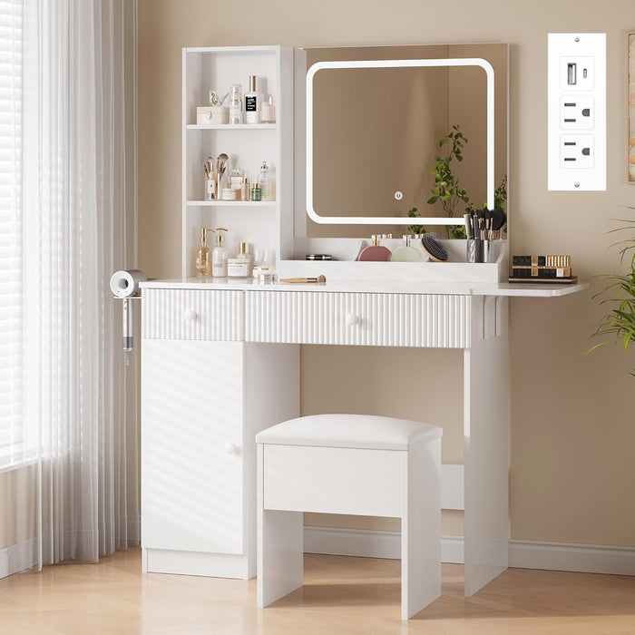 Small Vanity Desk with Mirror & Lights, Pink Makeup Vanity with Charging Station & Storage Chair, Dressing Table Set with Drawer & Shelves for Compact Bedroom Space, White