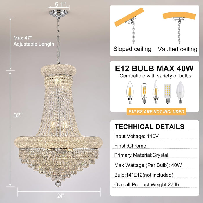 Empire Crystal Chandelier for Dining Room, 14 Light Chandelier Light Fixture for Foyer Entryway Living Room Stairway Bedroom Chrome Finish 24 Inch