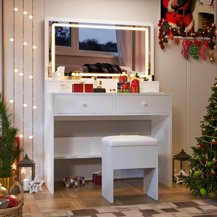 Makeup Vanity Desk with Mirror, Lights and Charging Station, White Vanity with 3 Lighting Modes, Dressing Table Set with 4 Drawers and Storage Chair for Bedroom