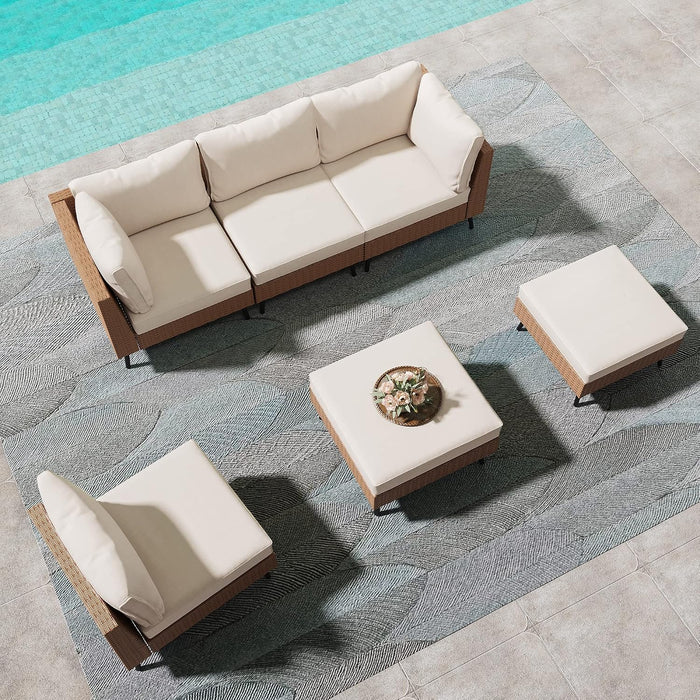 Outdoor Patio Furniture, 6 Piece Outdoor Sectional Sofa PE Rattan Wicker Patio Conversation Sets, All Weather Patio Furniture Set with Thick Cushions for Garden, Backyard(Beige)