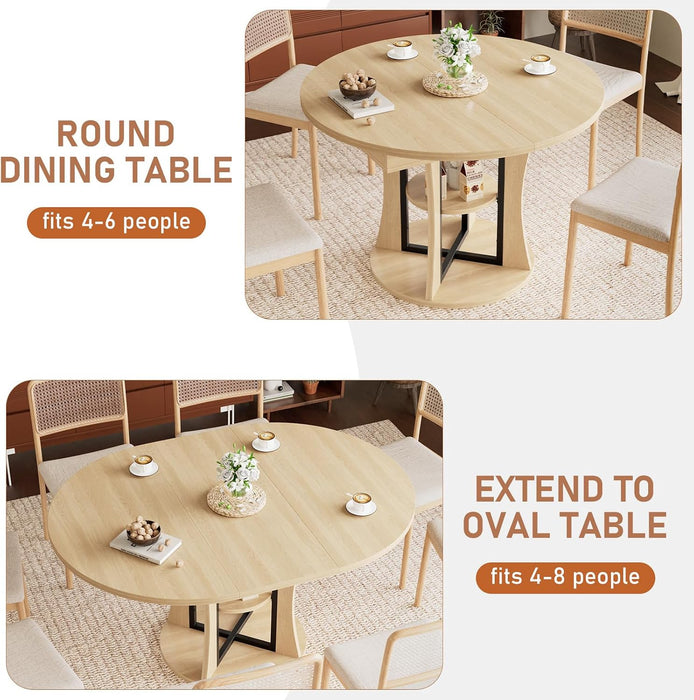 Extendable round Dining Table for 4-6-8, 43.3-59In Expandable Dining Table with Storage Shelf, Space Saving Circle Oval Kitchen Table with Leaf for Dining Room, Natural Oak