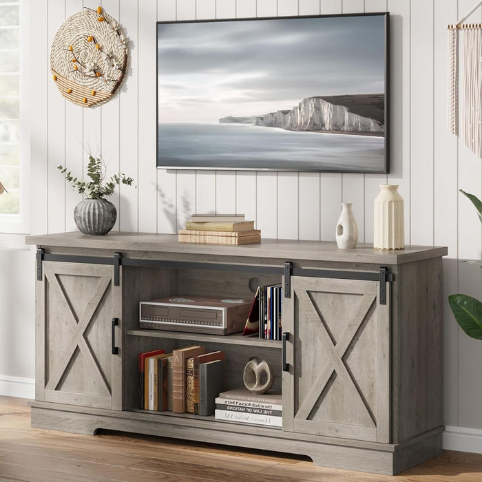 Farmhouse Tv Stand for 65 Inches Tvs, Entertainment Center with Storage and Sliding Barn Doors, Adjustable Shelf Modern Media TV Console TV Stand Table for Living Room, Bedroom, Grey
