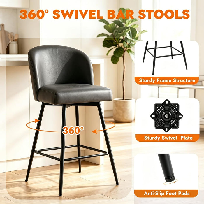 Counter Height Bar Stools Set of 2, 360° Swivel Upholstered Barstools with Backs and Metal Legs, 26" H Seat Height, Faux Leather in Black
