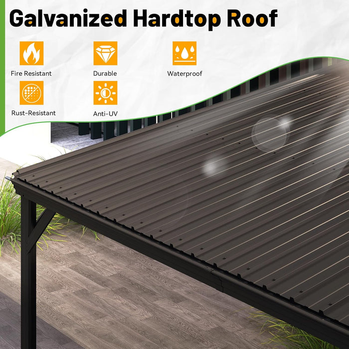 12X20Ft Lean to Gazebo, Outdoor Hardtop Wall Mounted Gazebo with Gutter & Sloping Galvanized Steel Roof, Metal Hard Top Awnings for Deck, Porch, Backyard -Brown