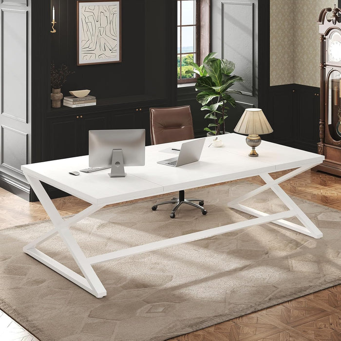 Long White Computer Desk, Modern Simple Large Home Office Desk, Wood Metal Work Study Writing Table for 2 Monitors, Double Pc Gaming Executive Workstation in Bedroom Living Room, White Oak,70 In