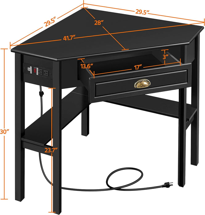 Yaheetech L Shaped Computer Desk Corner Table with Charging Station Outlets for Small Space, 90 Degree Triangle Desk Home Office Table with Drawer and Storage Shelf for Workstation, Living Room, Black