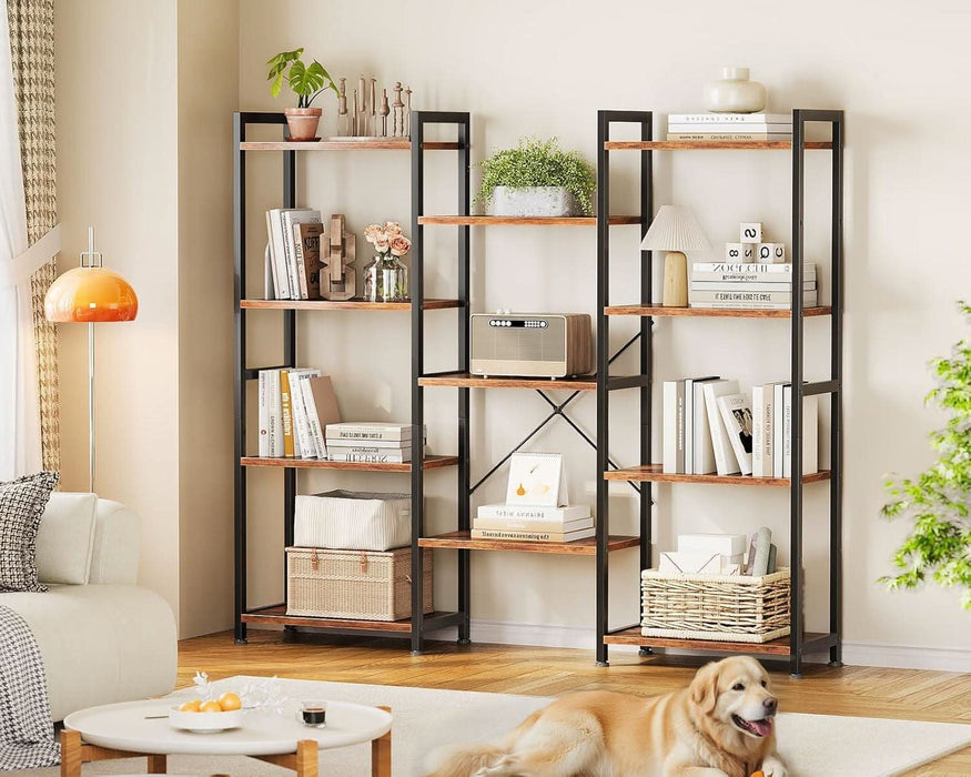 Triple 4 Tier Bookshelf, Large Bookcase with 11 Open Display Shelves, Modern Industrial Book Shelves Book Case for Bedroom, Wide Standing Shelving Unit for Living Room Home Office, Vintage