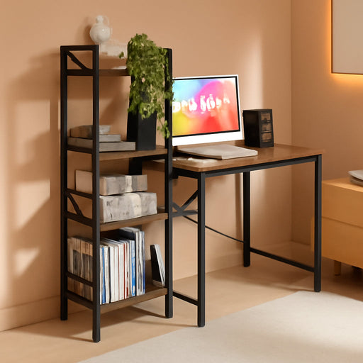Small Rustic Desk with 4-Tier Bookshelf