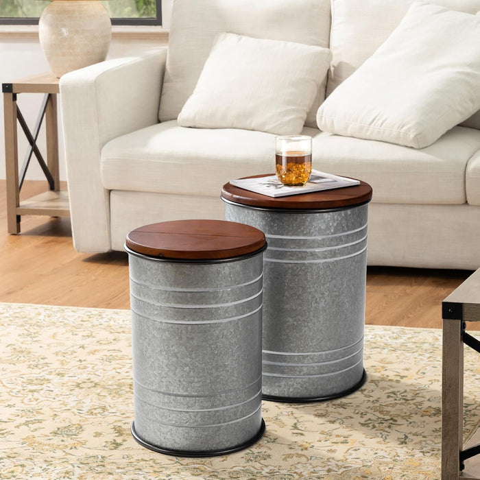 Rustic End Table Set of 2, Farmhouse Galvanized Metal Barrel Ottoman Storage Stool with round Wood Lid for Living Room Furniture, Grey