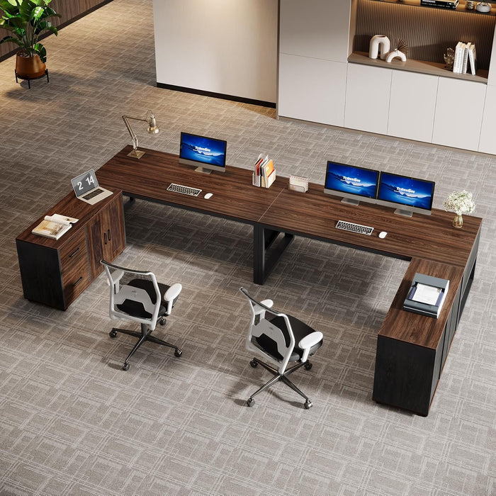 63-Inch L-Shaped Executive Desk, Modern Office Desk with Mobile File Cabinet, Large Executive Desks with Drawer, Business Furniture for Home Office, Dark Walnut & Black
