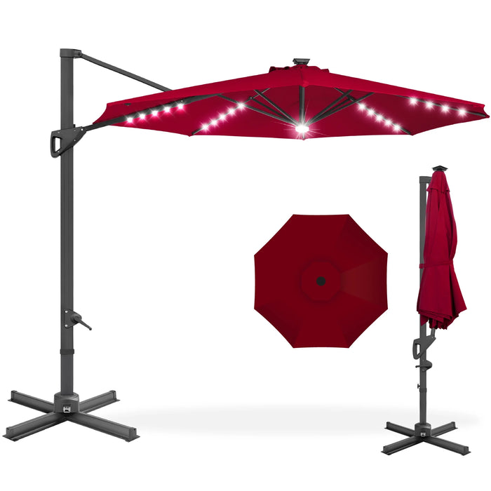 10Ft 360-Degree Solar LED Lit Cantilever Patio Umbrella, Outdoor Hanging Shade - Burgundy