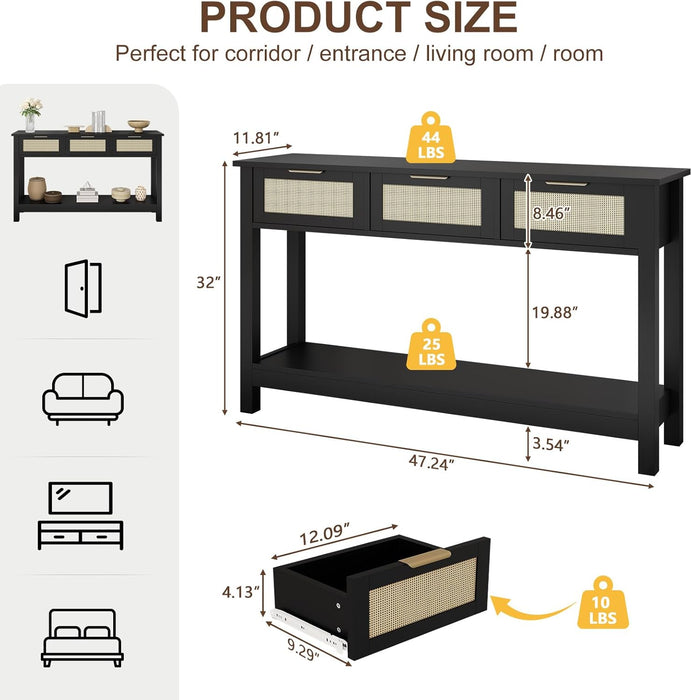 Entryway Console Table with 3 Rattan Drawers - Long Sofa Table behind Couch Modern Fluted Hallway Living Room Storage Cabinet, Entry Table Open Shelf Foyer Furniture, Anti-Tip, Black, 47 Inch