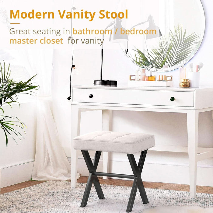 Ottoman Foot Stool Vanity Stool, Square Linen X-Leg Foot Rest Ottoman Makeup Stool, Small Stool Chair for Vanity, Modern Padded Vanity Seat for Makeup Room, Living Room, Bathroom, Linen Color