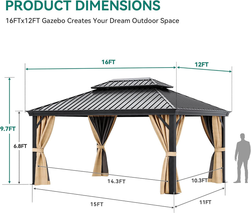 12X16Ft Gazebo Hardtop with Netting and Curtains 2-Tier Galvanized Iron Canopy, Outdoor Aluminum Frame Garden Tent for Patio, Backyard, Deck and Lawns, Brown