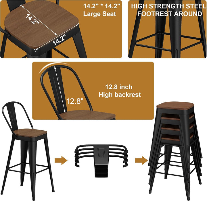 Metal Bar Stools Set of 4, 30" Bar Height with High Backs, Black | Matte Black Metal Frame Barstools, Modern Farmhouse High-Back Bar Chairs, Larger Seat for Kitchen and Dining Islands