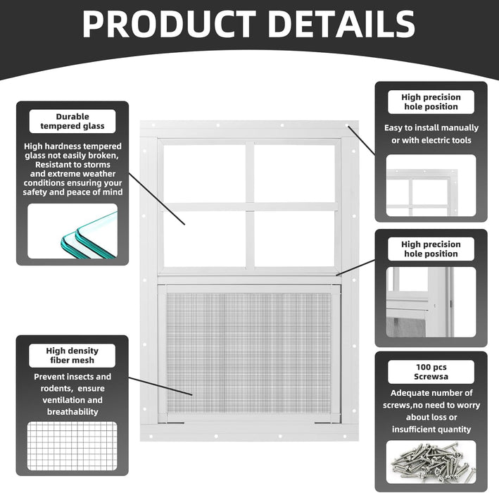 Shed Windows 2 Pack 14" W X 21" H Flush Mount White Window with Tempered Glass and Fiberglass Screen,Sliding Windows with Vertical Slider and Screws for Sheds,Chicken Coop, Playhouse Garbage Room Etc