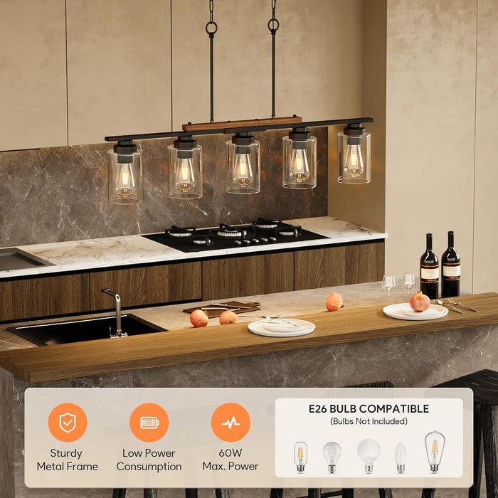 Dining Room Light Fixture over Table, 5-Light Kitchen Island Lighting with Glass Shade and Adjustable Rods, Farmhouse Linear Chandelier Pendant Light for Kitchen Living Room, Matte Black