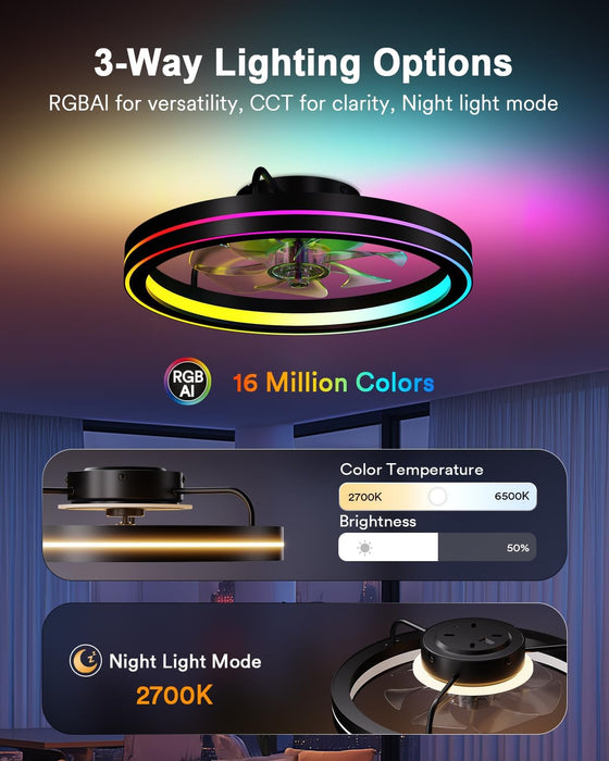 Smart Ceiling Fan Light with 2200K Nightlight, Wifi & Bluetooth Low Profile Ceiling Fan with Light Remote for Bedroom, RGBAI & 42 Scenes Mode, Flush Mount Easy to Install, 5000 LM, 19In Black